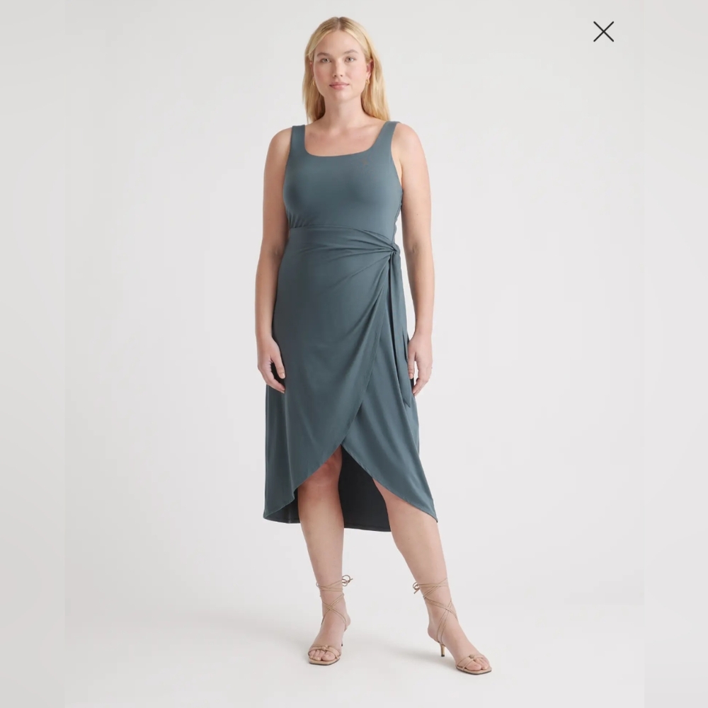Quince Dark Olive Tencel Jersey Side Tie Dress Sleeveless Midi Wrap sz XS Women